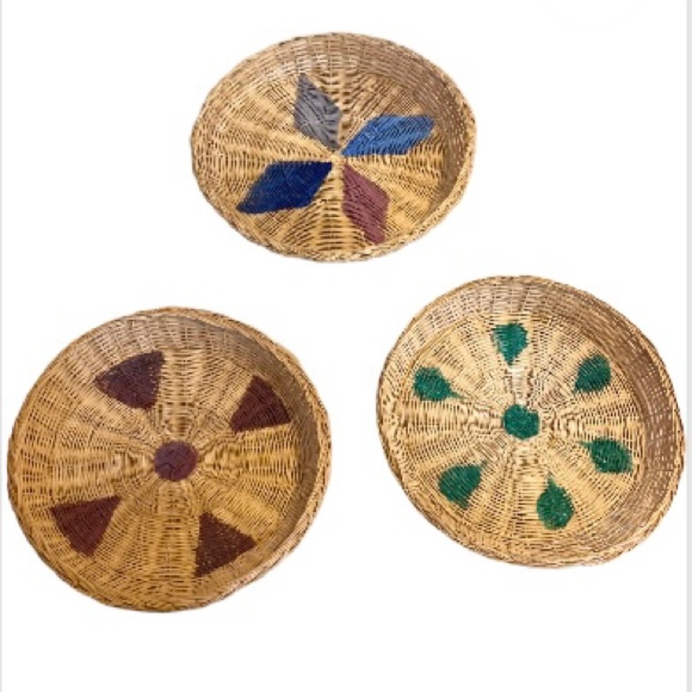 Boho Bohemian Wall Decor Wicker Plates 9.75" Diameter each Set of 3